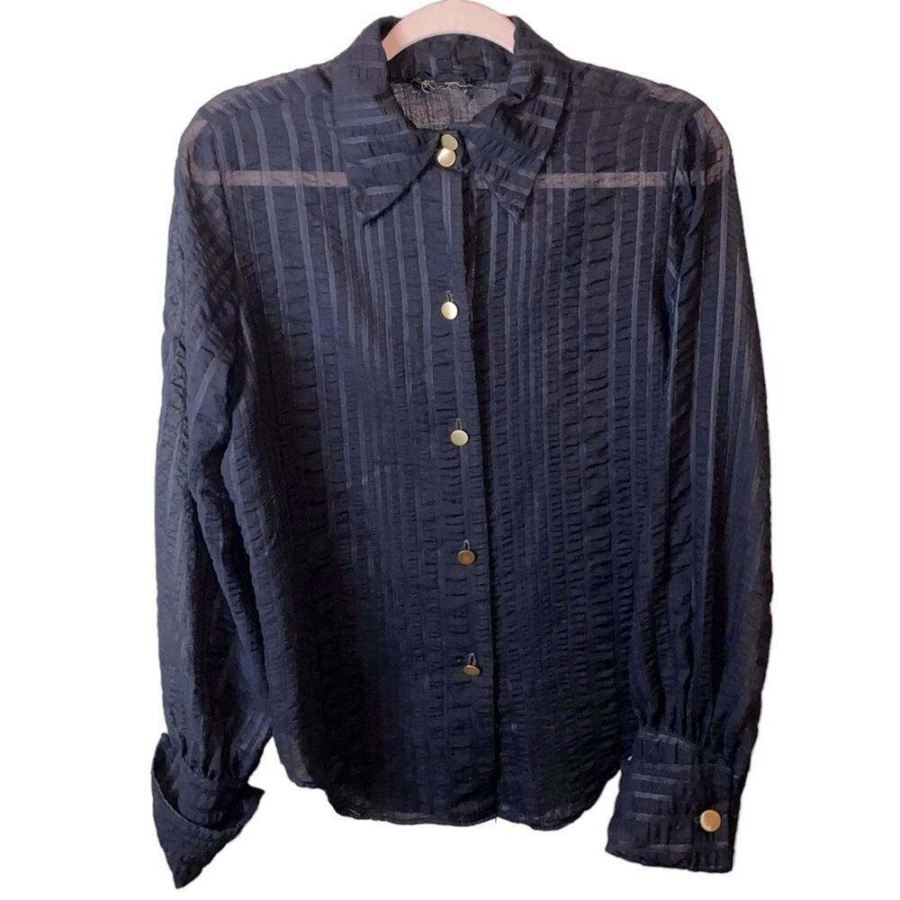 Jellybean‎ Textured Sheer Button Front Medium Black Stripe Long Sleeve Top